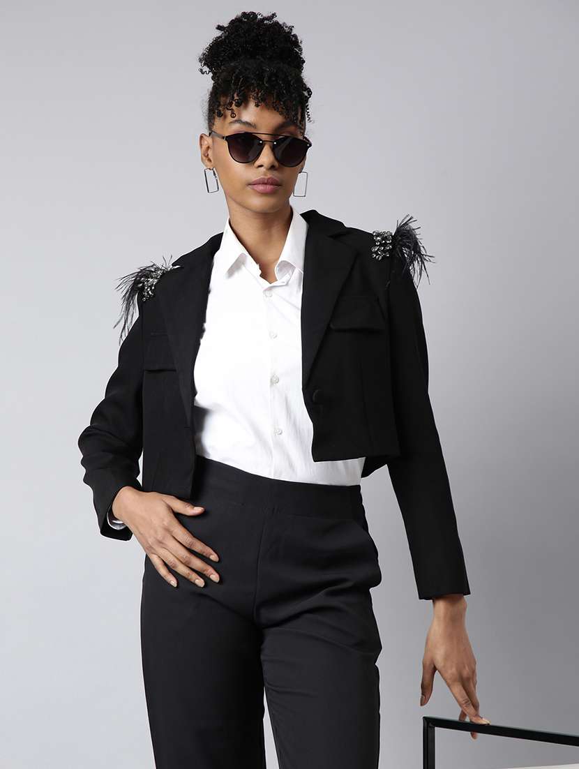 women embellished long sleeves single breasted crop blazer