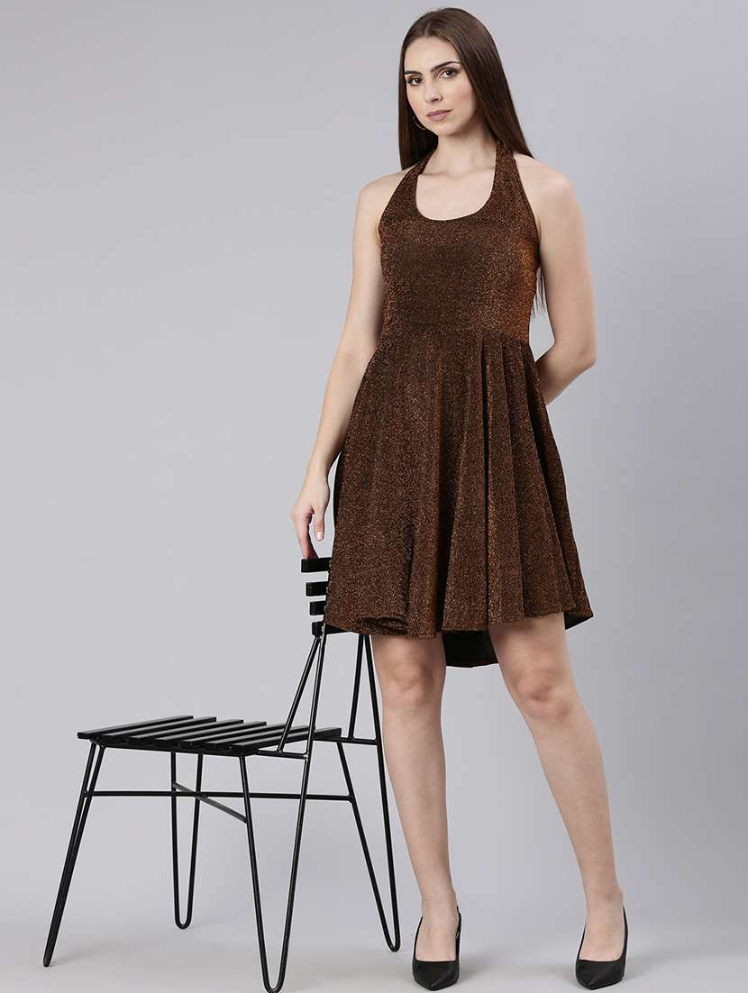 women self design halter neck fit and flare dress
