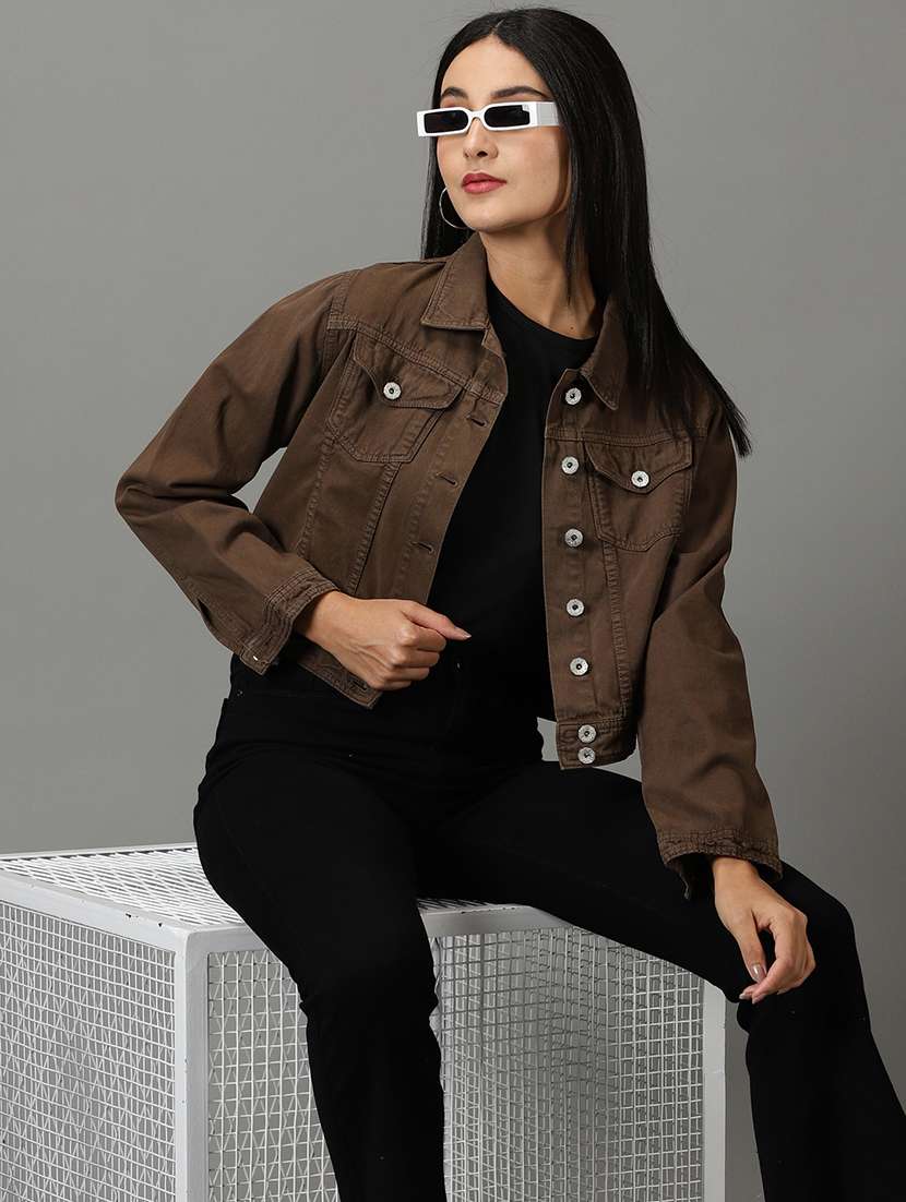 women solid long sleeves denim jacket