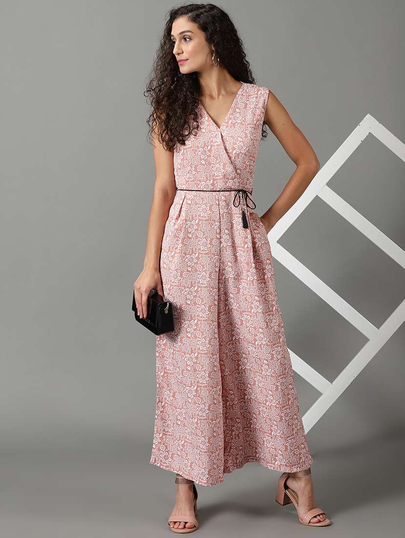 women printed sleeveless full leg jumpsuit