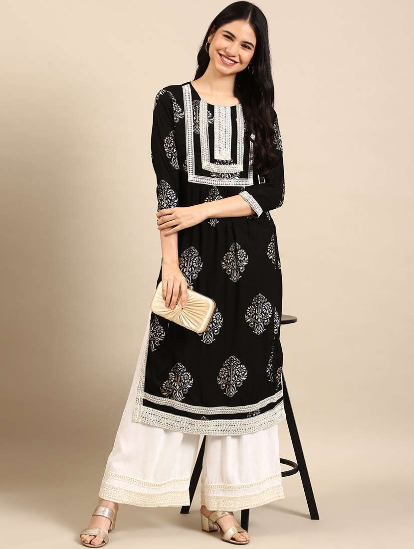 women printed round neck kurta and palazzo set