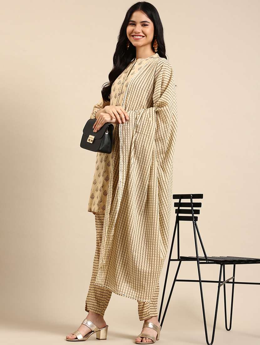 women printed mandarin neck kurta and pant set with dupatta