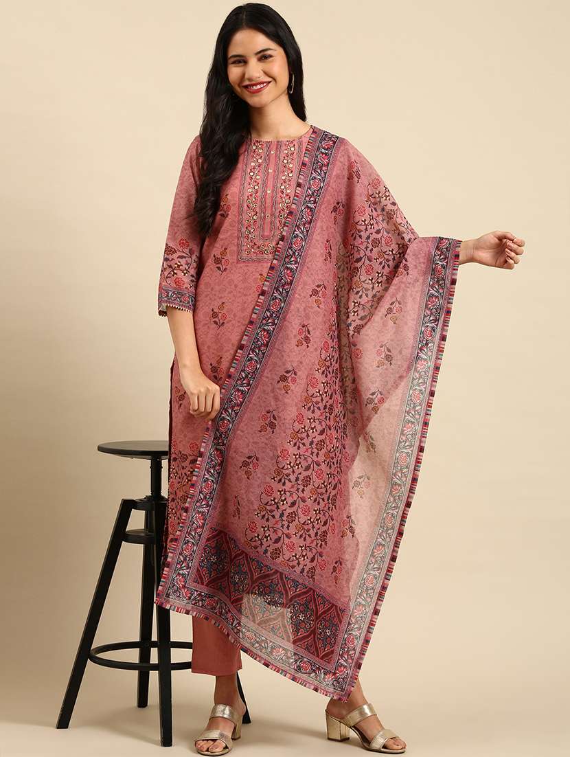 women printed round neck kurta and pant set with dupatta