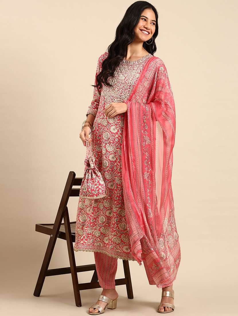 women printed round neck kurta and pant set with dupatta