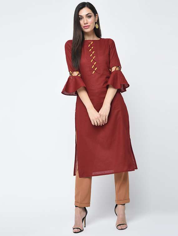 women solid bell sleeve straight kurta
