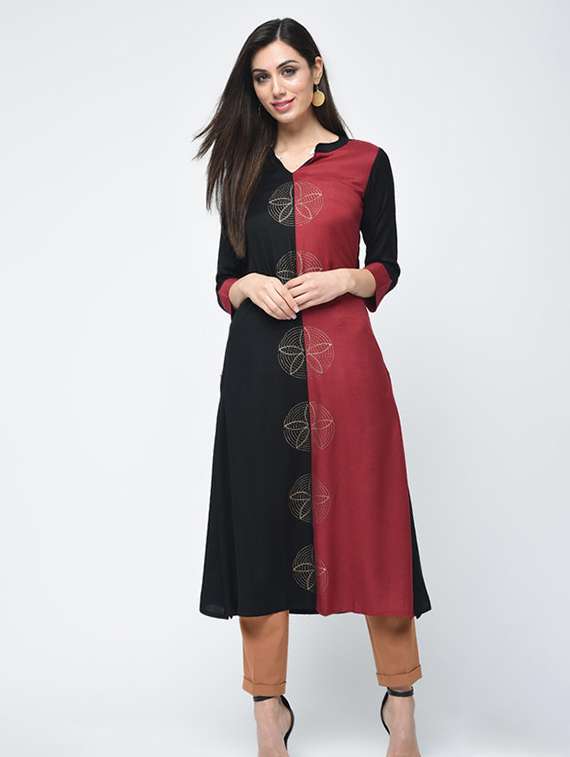 women color block three quarter sleeve straight kurta