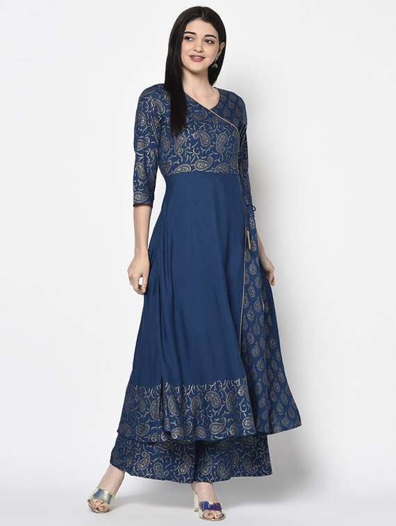 women printed three quarter sleeve angrakha kurta - 22504906 -  Standard Image - 3