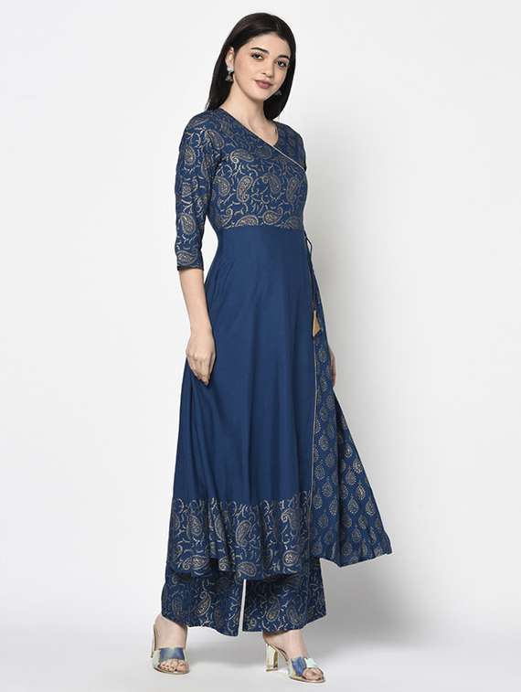 women printed three quarter sleeve angrakha kurta - 22504906 -  Standard Image - 5
