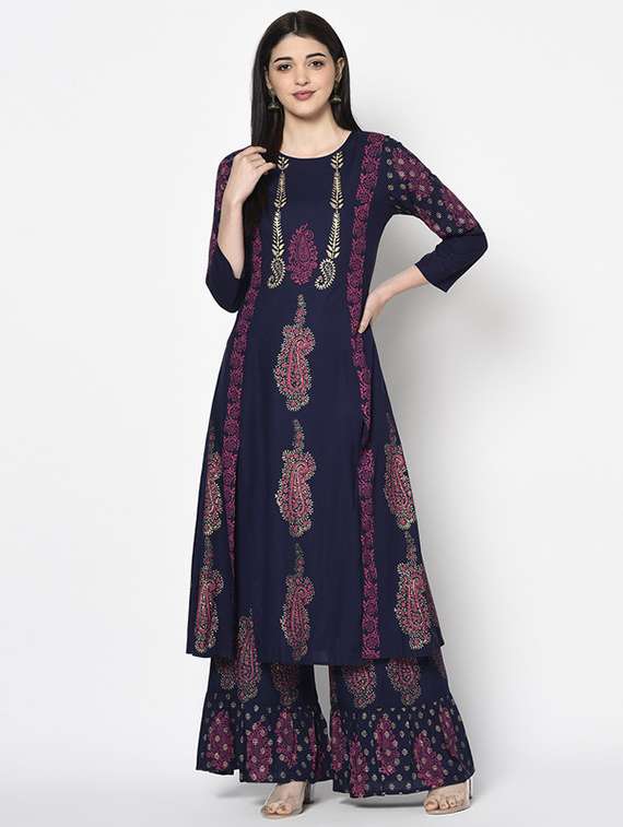 women printed three quarter sleeve kurta palazzo set