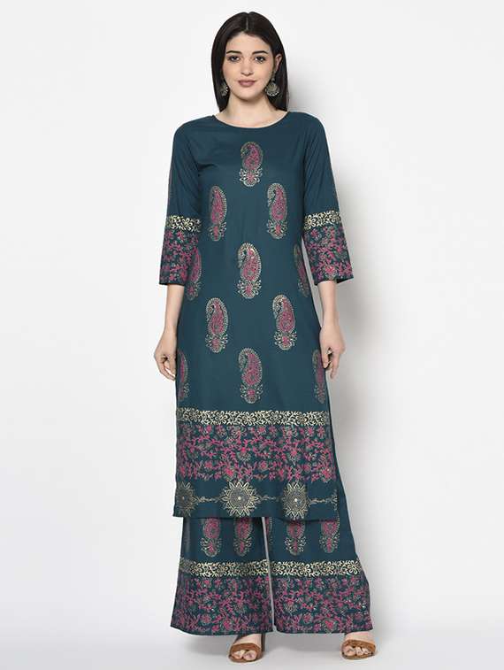 women printed three quarter sleeve kurta palazzo set