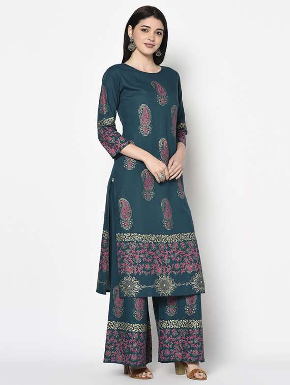 Women Printed Three Quarter Sleeve Kurta Palazzo Set - 22504910 -  Standard Image - 3