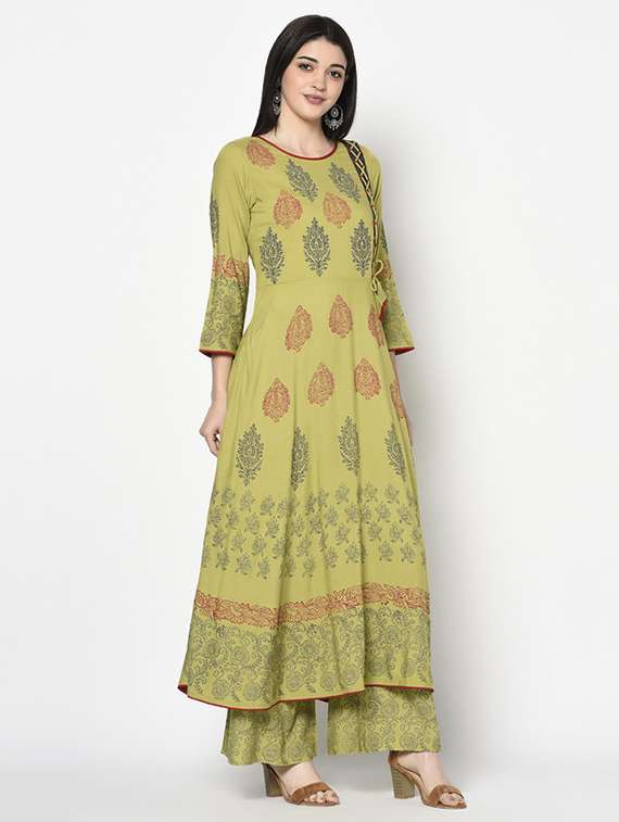Women Printed Three Quarter Sleeve Kurta Palazzo Set - 22504912 -  Standard Image - 3