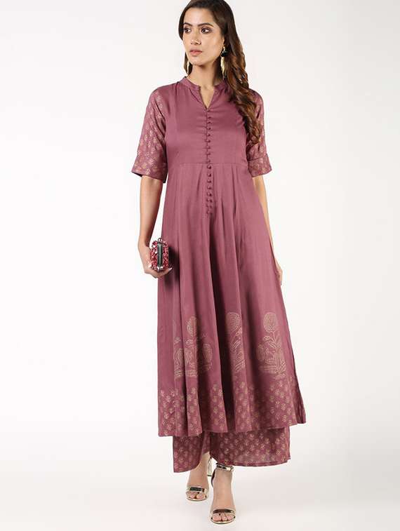 women printed roll up sleeve kurta palazzo set