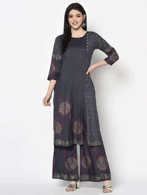 women printed three quarter sleeve kurta palazzo set
