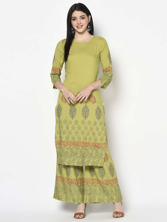 women printed three quarter sleeve kurta palazzo set