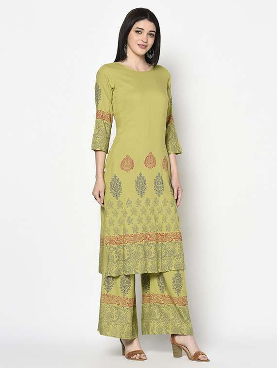 Women Printed Three Quarter Sleeve Kurta Palazzo Set - 22504920 -  Standard Image - 3