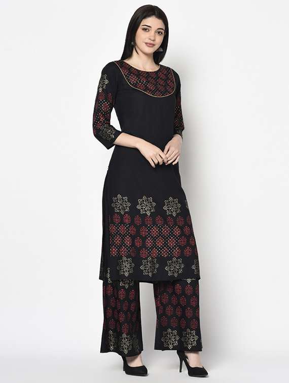 Women Printed Three Quarter Sleeve Kurta Palazzo Set - 22504921 -  Standard Image - 3