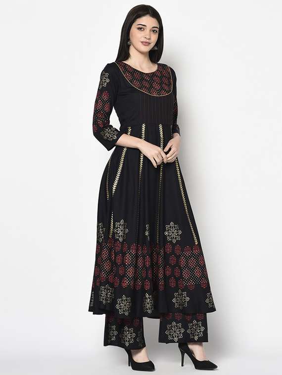 Women Printed Three Quarter Sleeve Kurta Palazzo Set - 22504922 -  Standard Image - 3