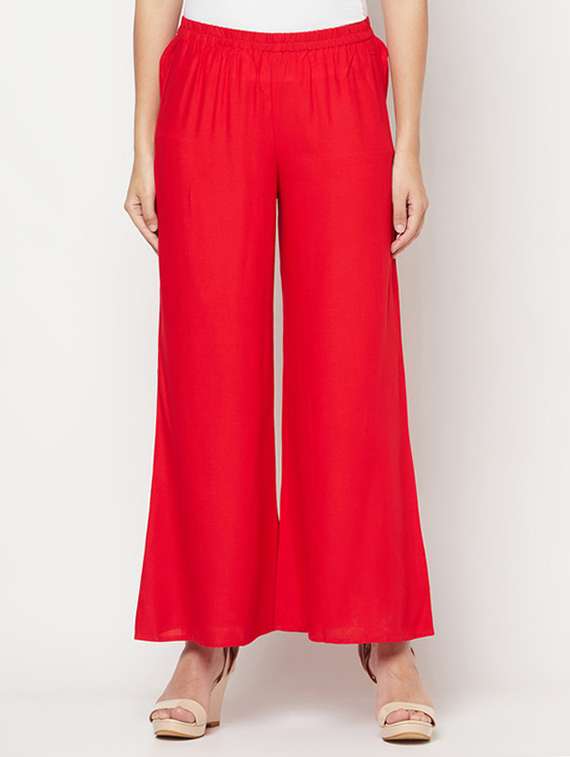 women solid mid rise flared palazzo