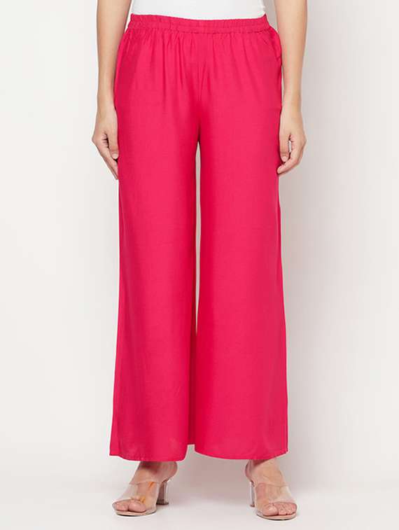 women solid mid rise flared palazzo