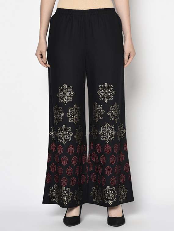women printed mid rise flared palazzo