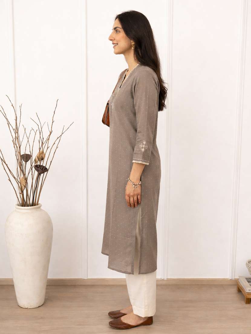 women self design three quarter sleeve straight kurta - 22504942 -  Standard Image - 3