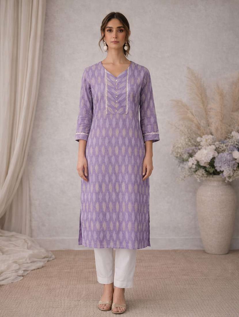 women self design three quarter sleeve straight kurta