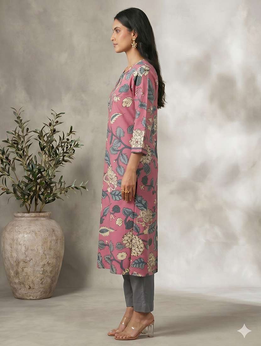 women floral three quarter sleeve a-line kurta - 22504949 -  Standard Image - 3