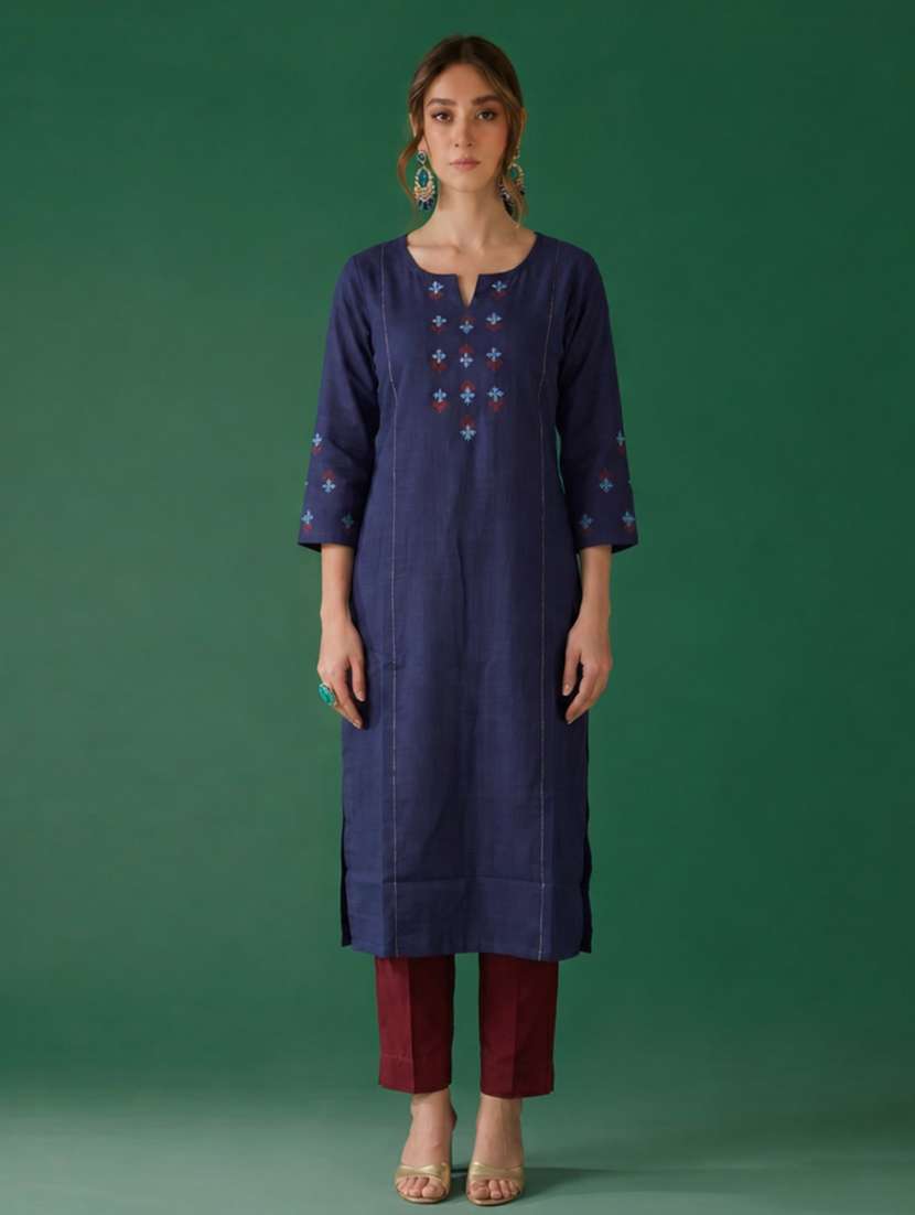 women solid with work three quarter sleeve straight kurta