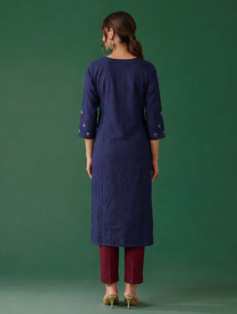 women solid with work three quarter sleeve straight kurta - 22504950 -  Standard Image - 5