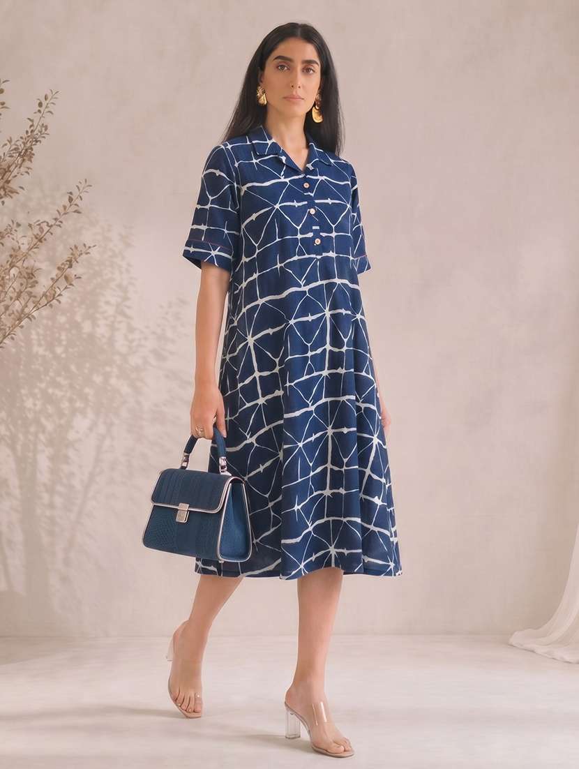 women printed collared a-line dress