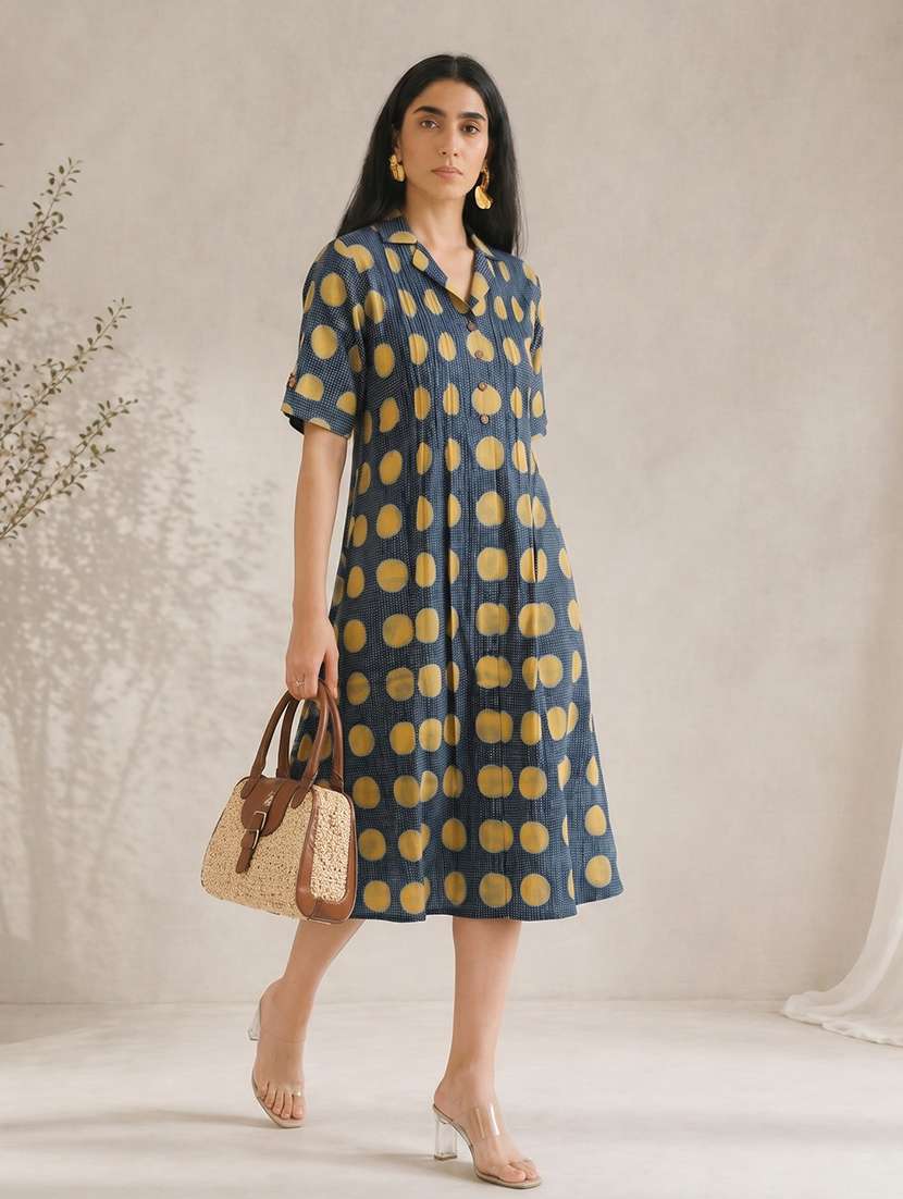 women printed collared a-line dress
