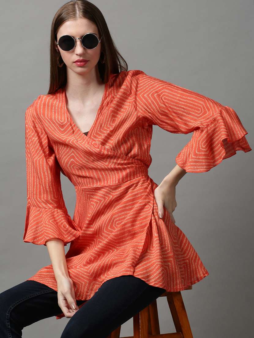 women printed bell sleeves wrap top