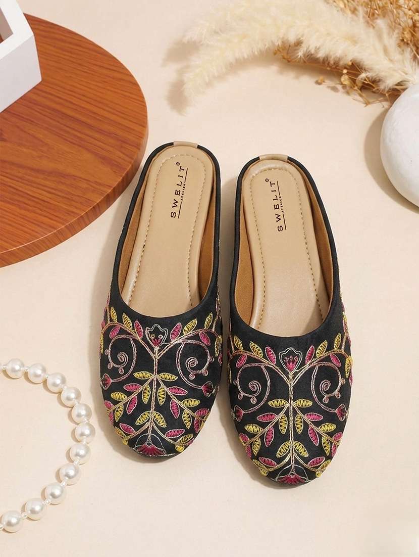 women embroidered slip on mules