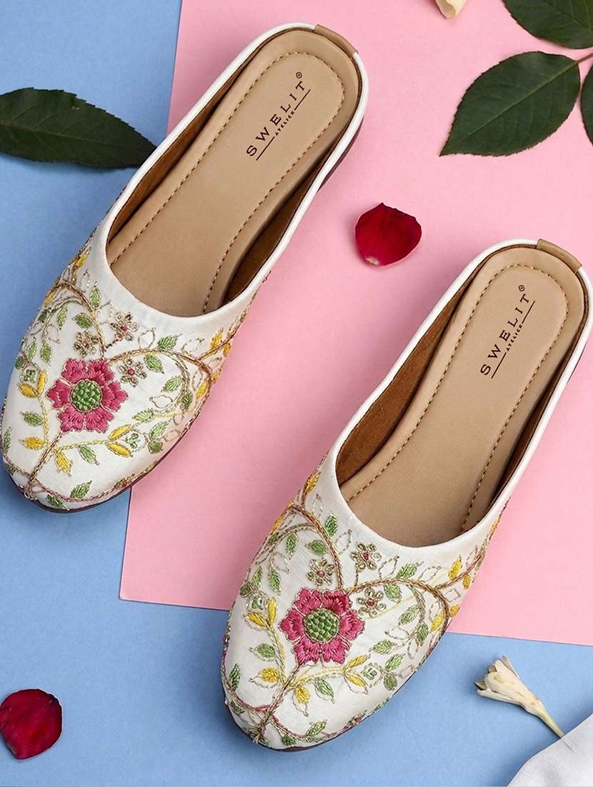 women embroidered slip on mules