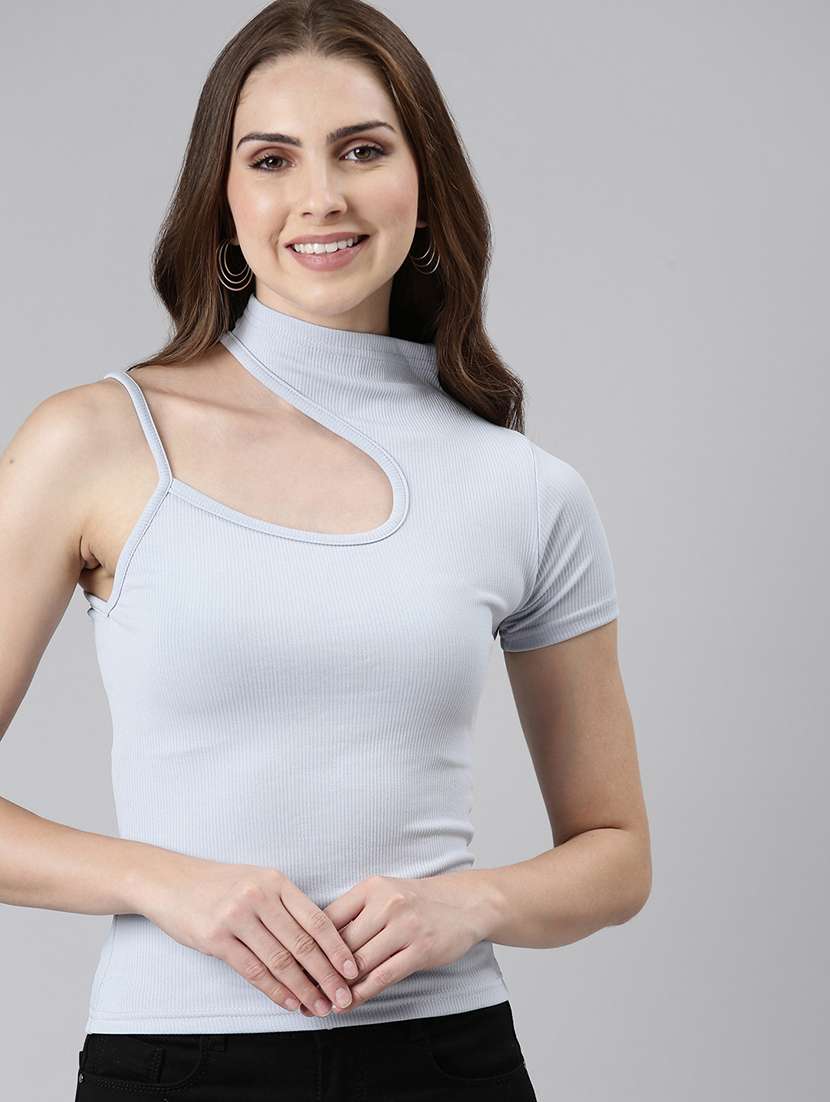 women solid high neck asymmetric top