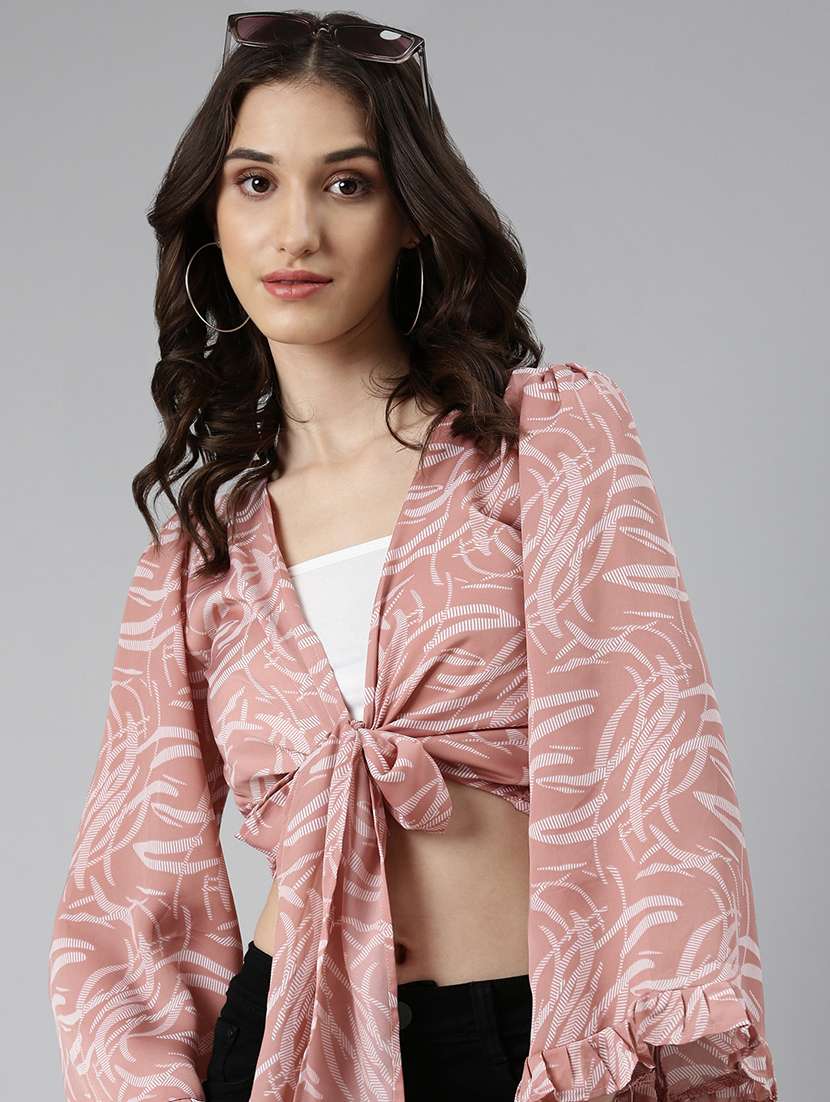 women printed bell sleeves crop top