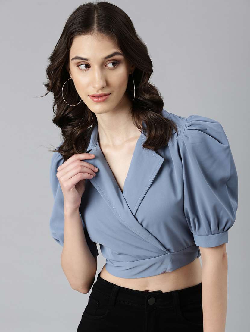 women solid puff sleeves crop top