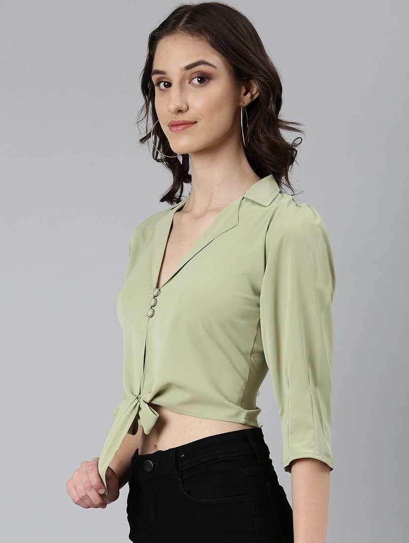 women solid shirt collar crop top - 22505004 -  Standard Image - 3