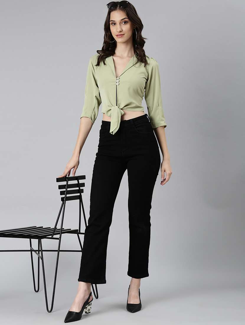 women solid shirt collar crop top - 22505004 -  Standard Image - 5