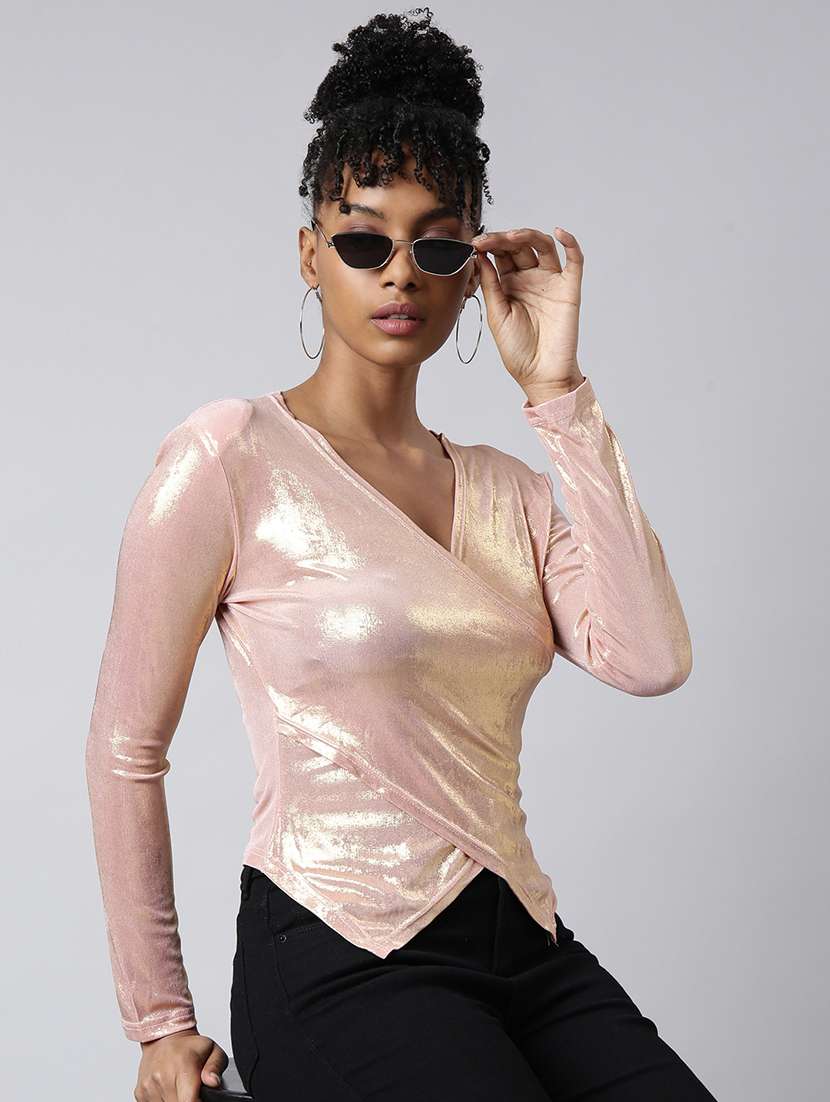 women solid long sleeves wrap top
