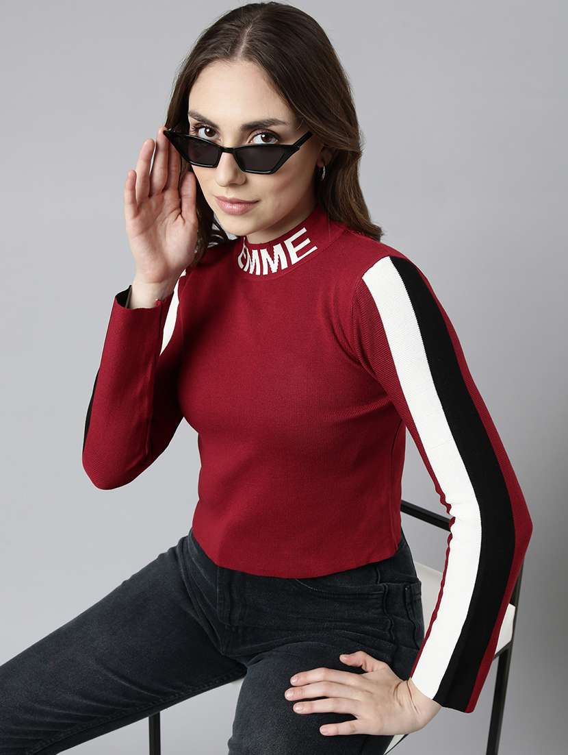 women colourblocked mock neck regular top