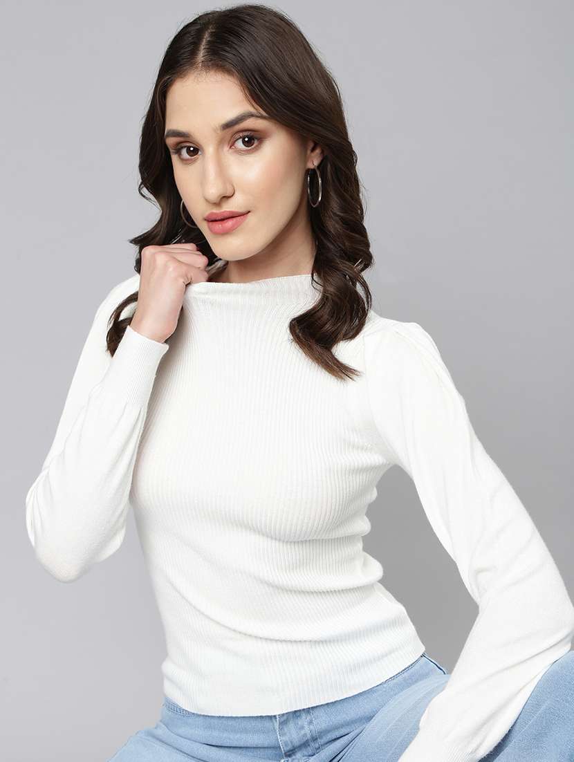 women solid mock neck long sleeves regular top