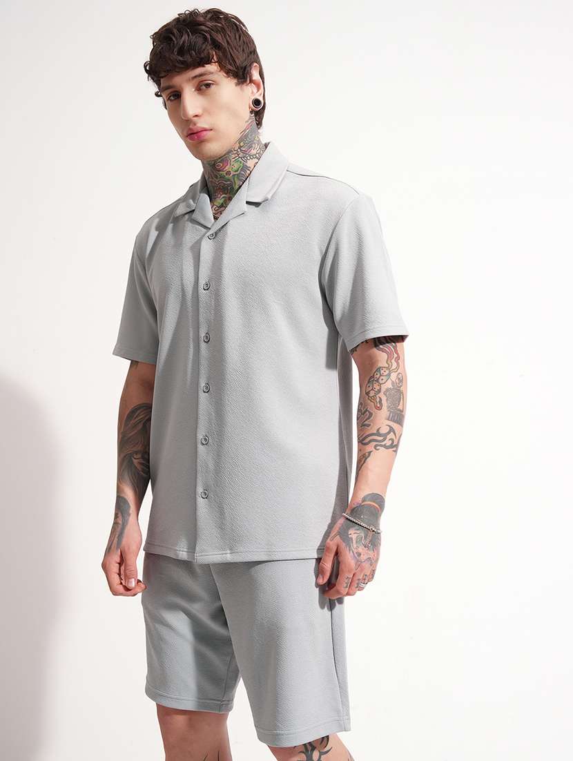 men textured short sleeve shorts & shirt co-ord set - 22505083 -  Standard Image - 3