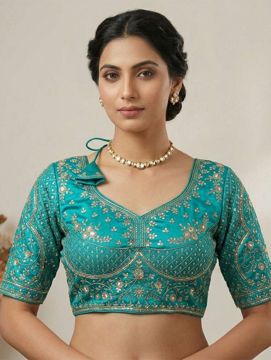 women embroidered short sleeve stitched blouse