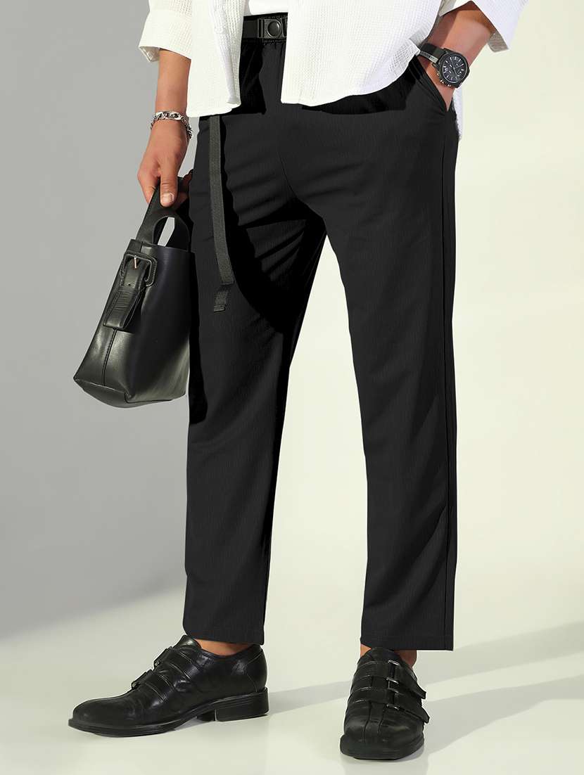 men solid low rise flat front casual trouser