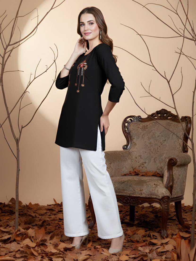 women embroidered three quarter sleeve straight kurti - 22505310 -  Standard Image - 3