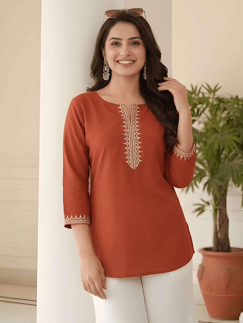 women embroidered three quarter sleeve straight kurti