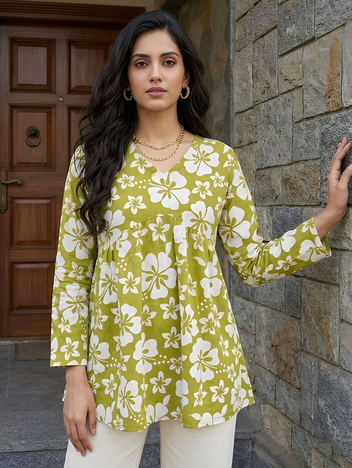 women printed long sleeve a-line kurti