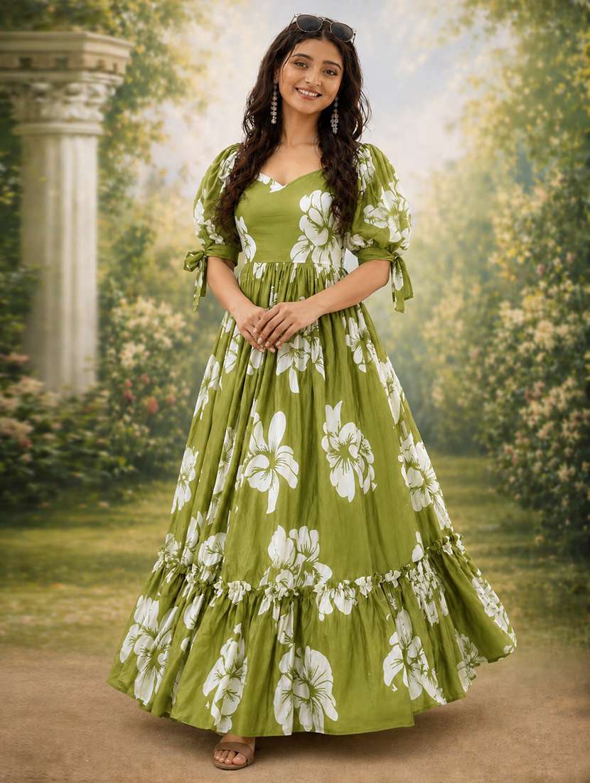 puff sleeves square neck floral tiered maxi dress